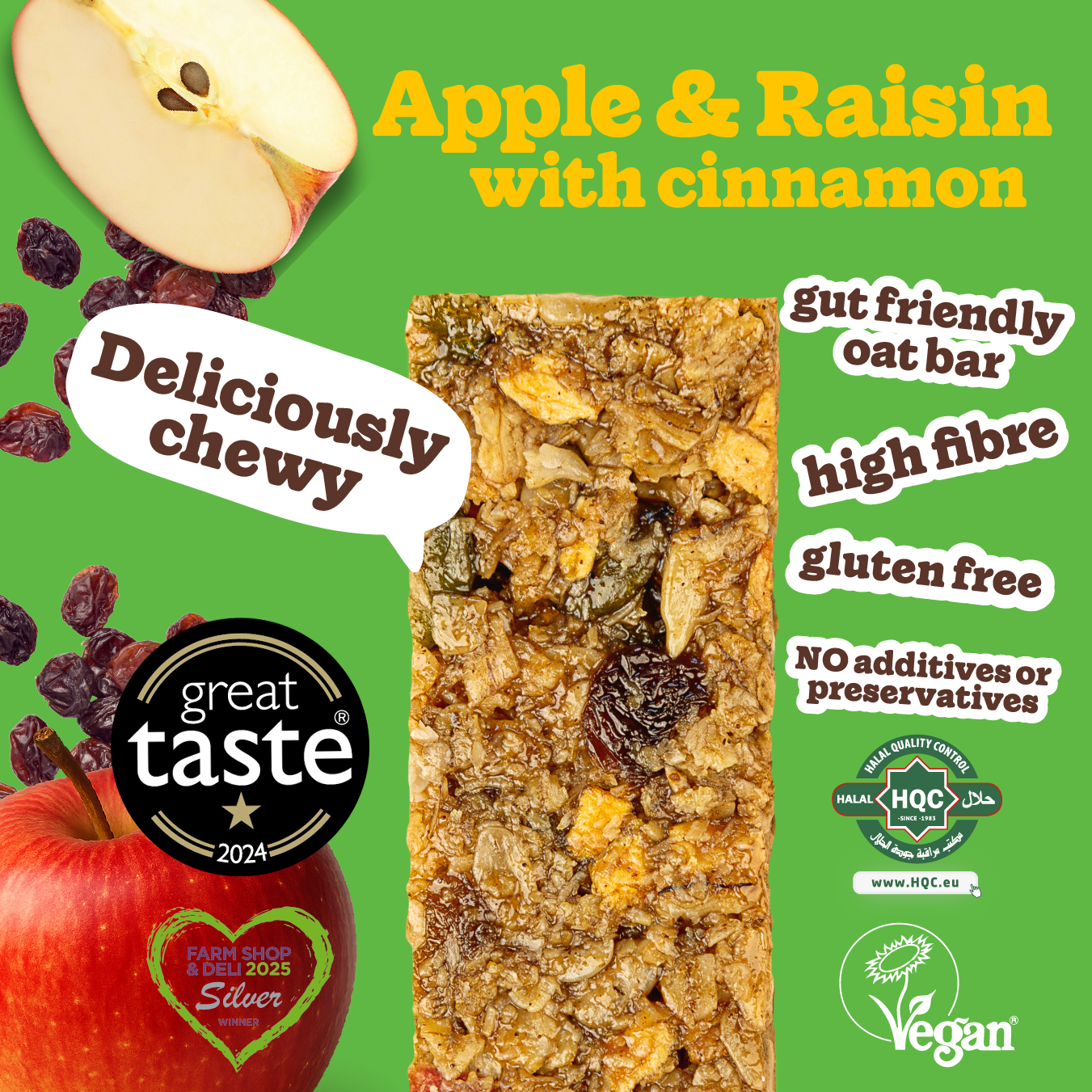 Soak’d Oats Apple & Raisin bar with cinnamon, vegan and halal certified, 1-star Great Taste winner, Silver Farm Shop & Deli award