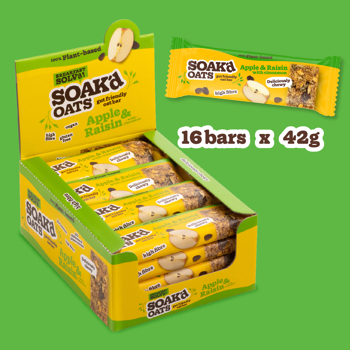 Display box of 16 Soak’d Oats Apple & Raisin bars with cinnamon, plant-based, high fibre, chewy oat snack bar