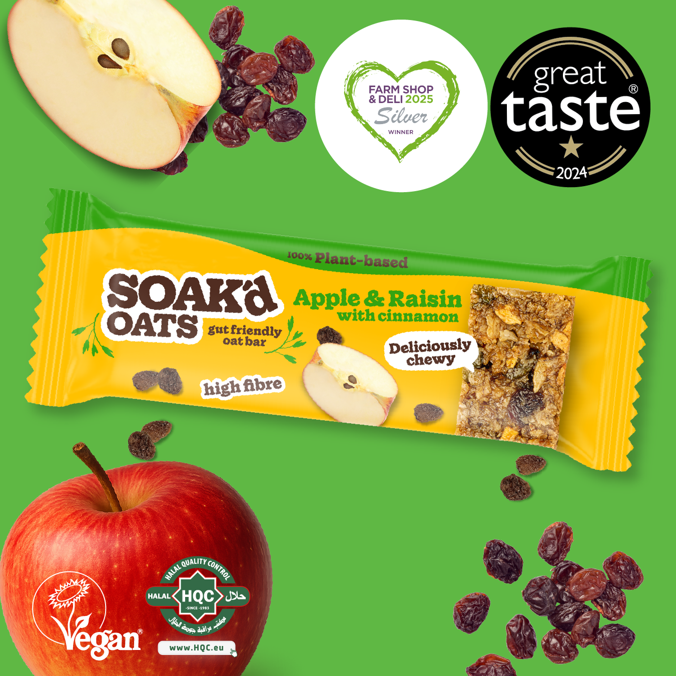 Award-winning Apple & Raisin oat bar with cinnamon, vegan, high fibre, gut friendly, Great Taste & Farm Shop & Deli Awards