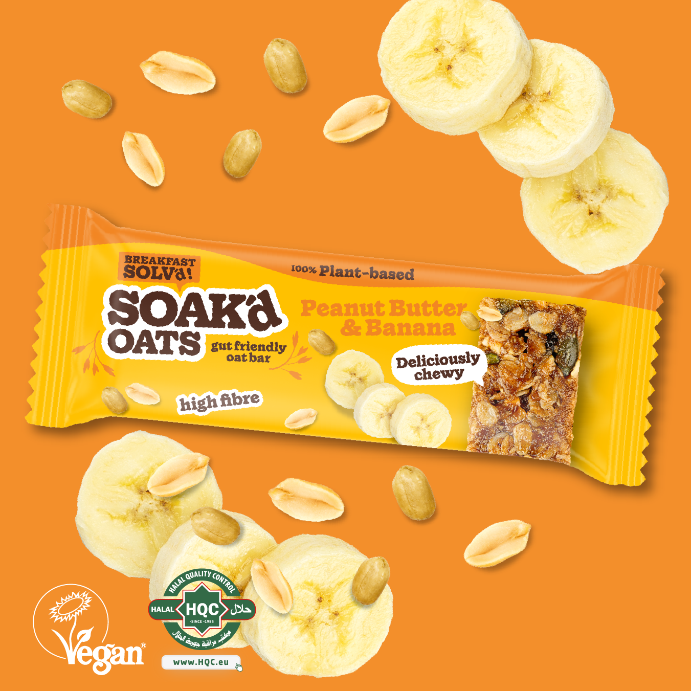 Soak’d Oats Peanut Butter & Banana bar – vegan, gut-friendly, high fibre oat snack with chewy texture and natural ingredients