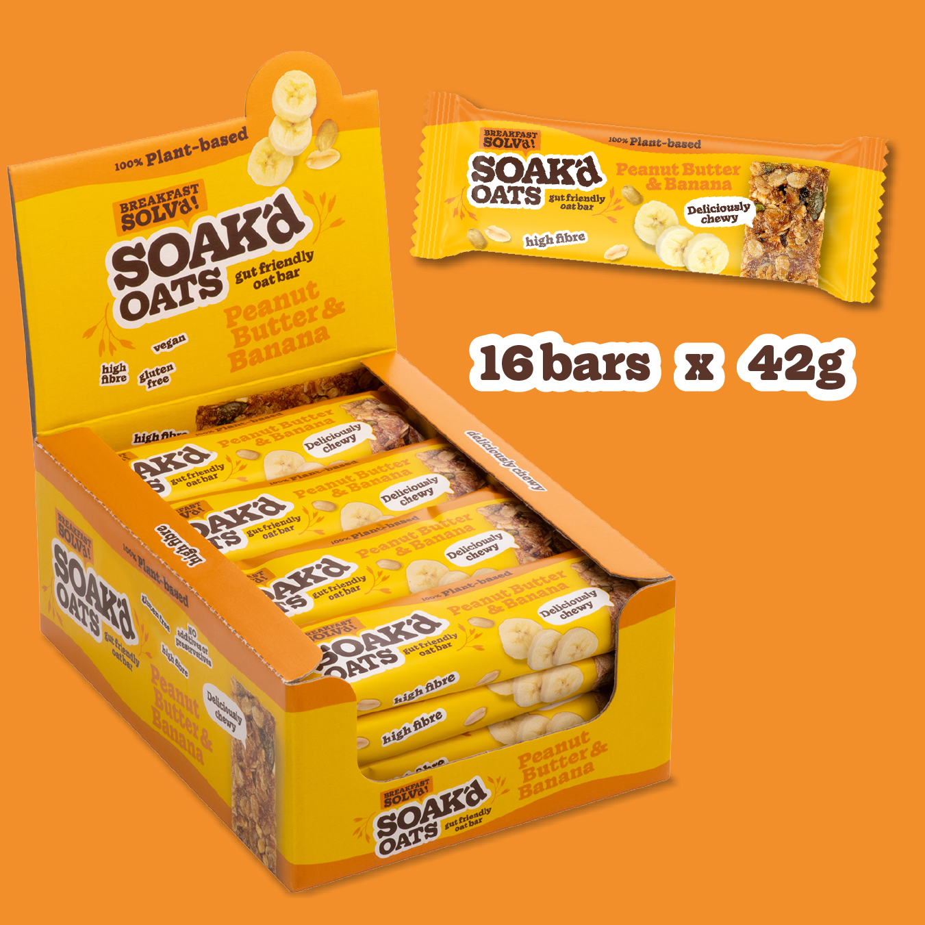 Box of 16 Soak’d Oats Peanut Butter & Banana bars – 42g plant-based oat snacks with chewy texture and high fibre