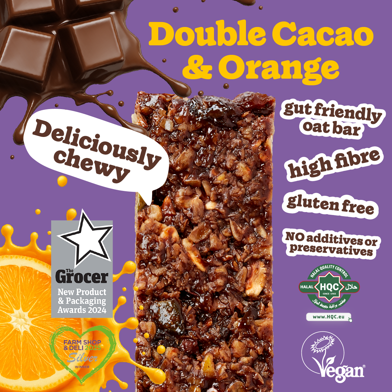 Double Cacao & Orange oat bar – vegan, gluten-free, high fibre, no additives, award-winning snack