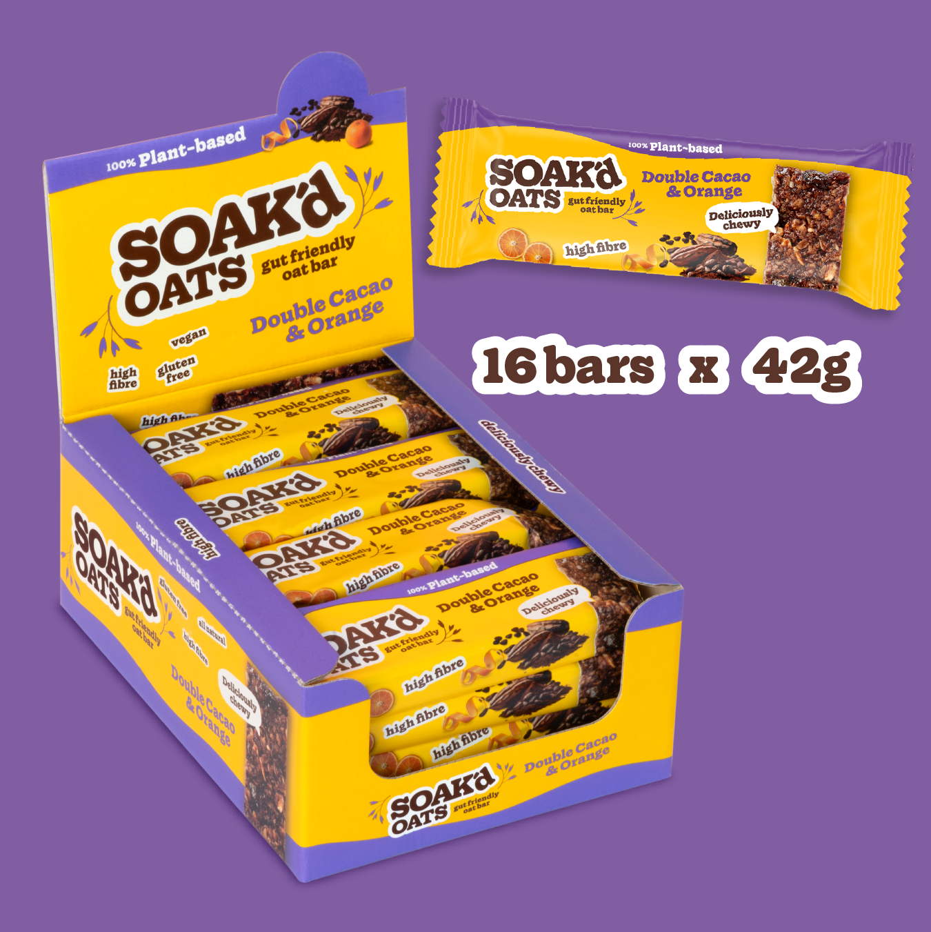 Soak’d Oats Double Cacao & Orange oat bars – vegan, high fiber, gluten-free (16 x 42g)