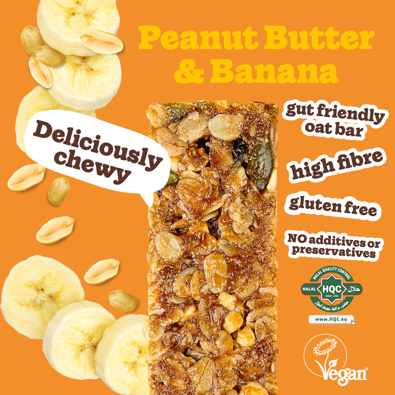 Chewy peanut butter & banana oat bar – gut-friendly, high fibre, gluten-free, no additives, vegan and halal certified